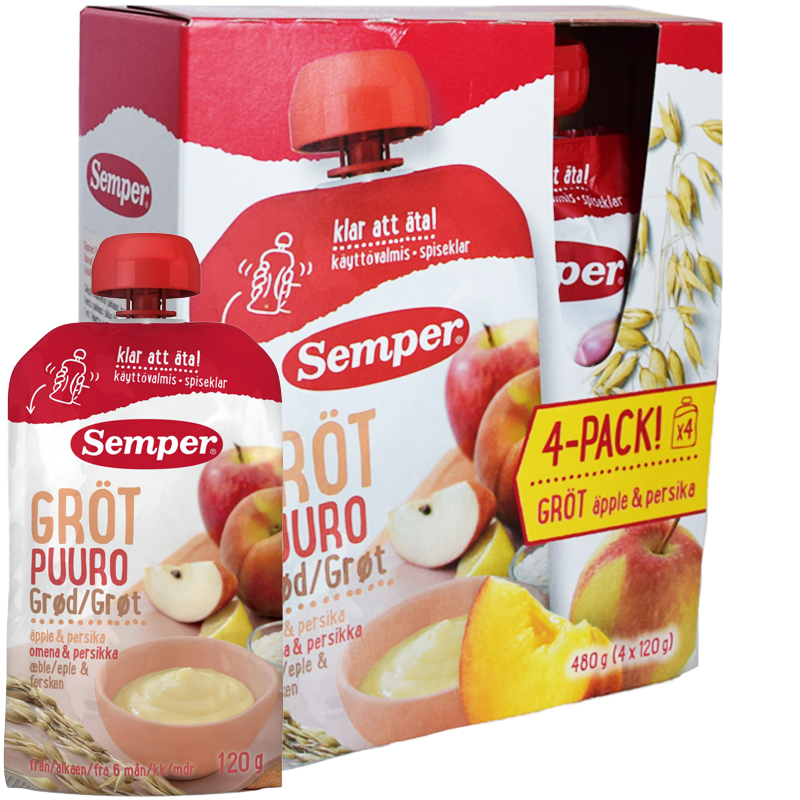 Hel Låda Barnmat Gröt, Äpple & Persika" 4 x 120g - 32% rabatt