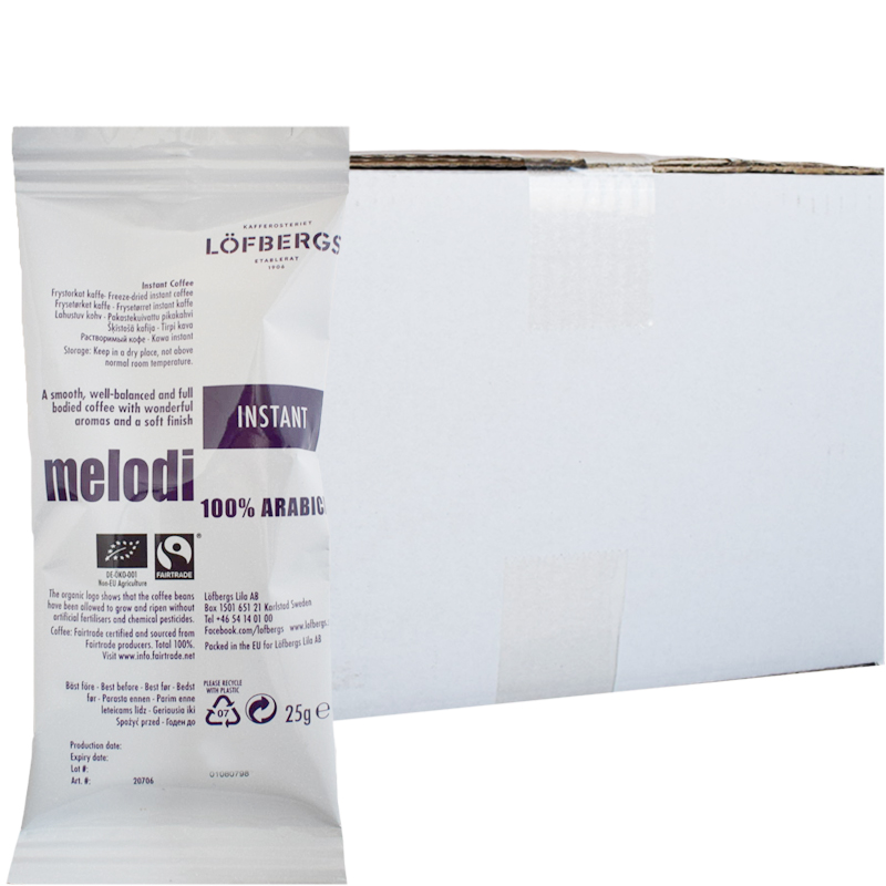 Hel Låda Eko Snabbkaffe "Melodi" 100 x 25g - 50% rabatt